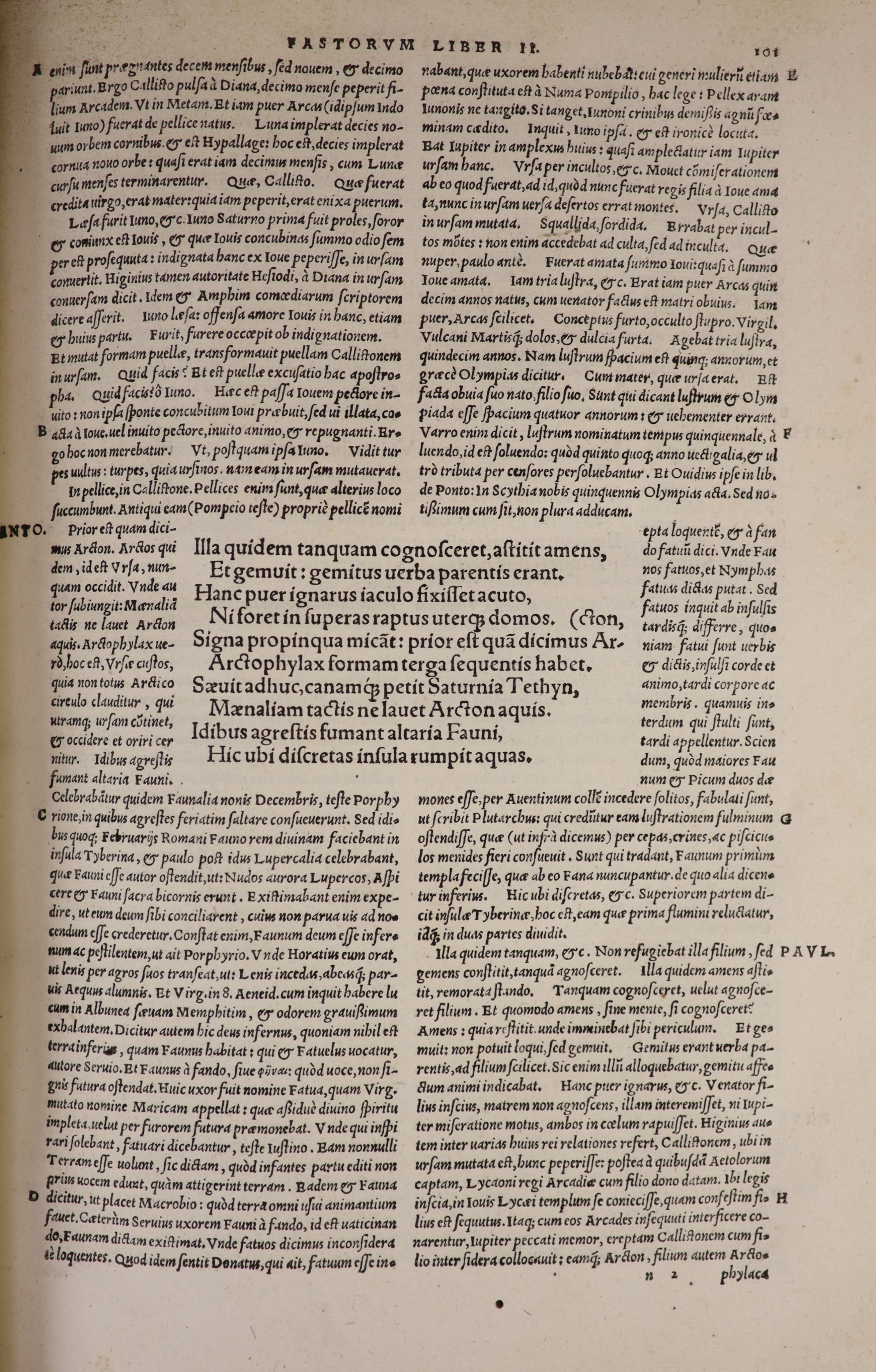 [OVID - Fastorum Libri VI. Tristium V. De Ponto IIII. In Ibin.....] ie. lacks title. historiated and decorated initials; (6), 793 and (10) pp.; newly rebound green half morocco and cloth, gilt lettered panelled spine, fo